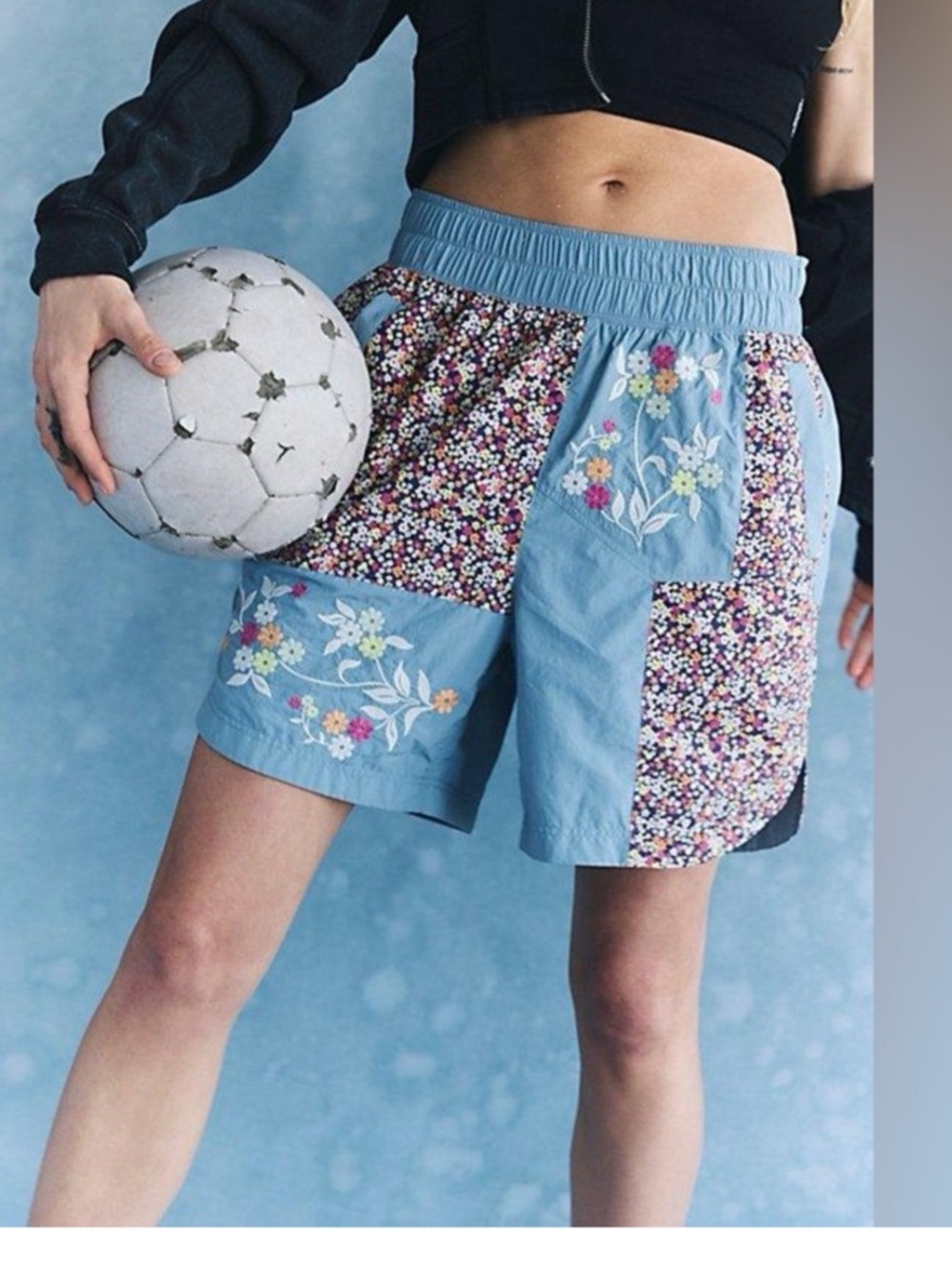 FP Movement by Free People Light Blue Floral Patchwork Athletic Shorts